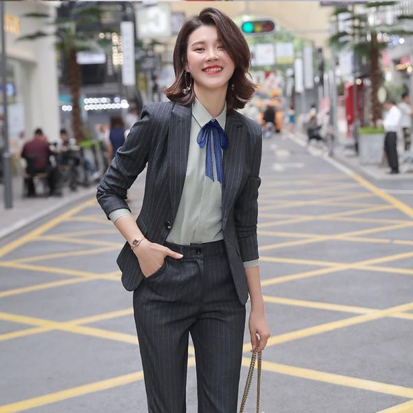 

2020 new fashion stripes slim women pants suits business offcial lady long sleeve jacket coats two piece plus size, White;black