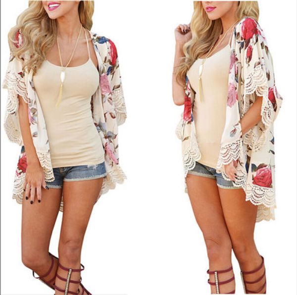 

new 2018 summer women floral loose shawl kimono cardigan boho chiffon lace patchwork short sleeve loose blouse, White
