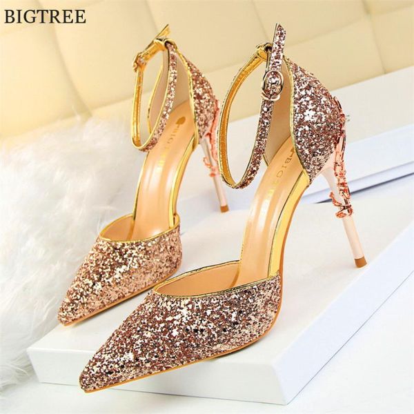 

2020 star bling ankle buckle women sandals fashion carved metal heels party shoes pointed shallow high-heeled shoes woman, Black