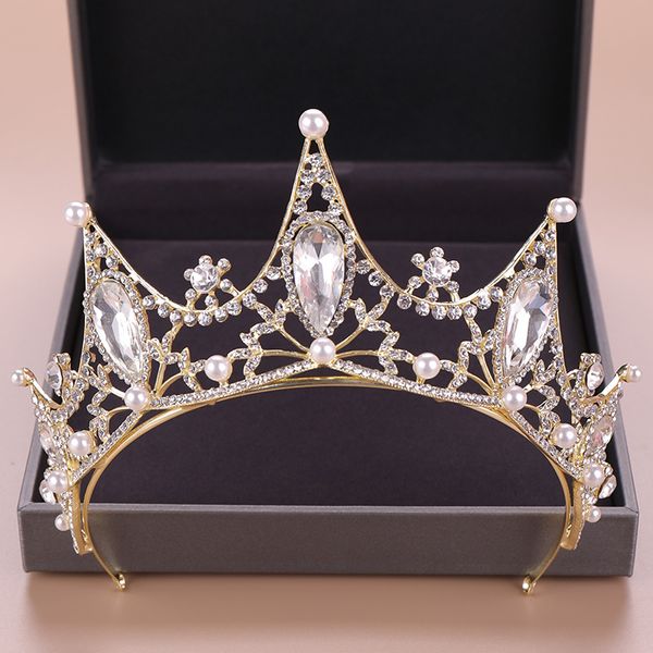

vintage baroque gold silver crown pearl crystal bridal hair jewelry for women wedding diadems queen hair accessories, White;golden