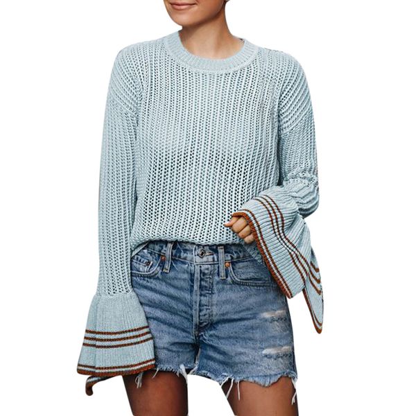 

autumn women knitted thin casual sweater long flare sleeve fashion loose pullover blue striped soft perspective knitwear#y3, White;black