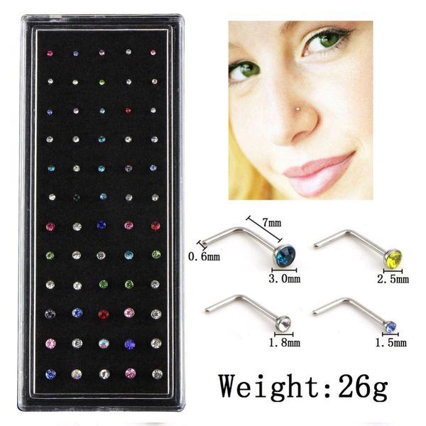 

1.5/1.8/2.5/3.0mm crystal nose ring charm 60pcs/set stainless steel cz crystal l shape nose ring body piercing stud #281671, Slivery;golden