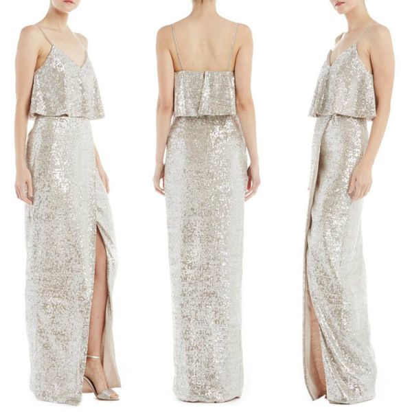 

bling silver sequins prom dresses spaghetti straps two pieces side split evening gowns long formal party dresses, Black