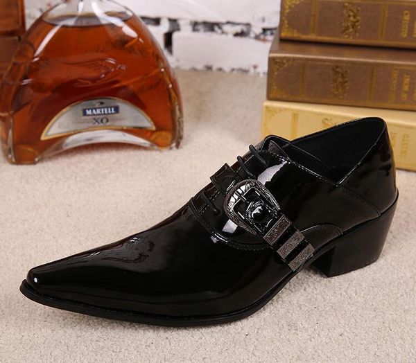 

high-grade patent leather men dress shoes pointed toe oxfords formal leather shoes high heels male business, Black