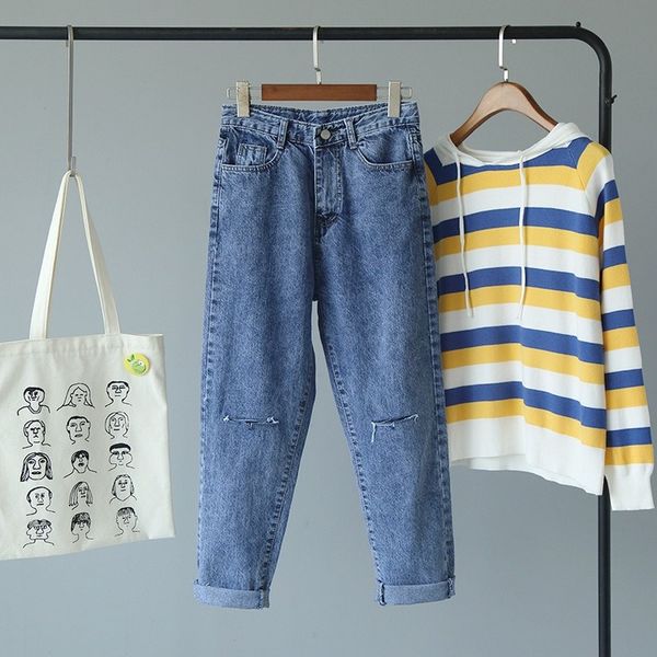 

simple jeans woman fashion mom jeans korean version of loose high waist cut high waist boyfriend for women, Blue