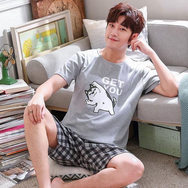 

missky summer men pajama sets sleepwear loose cotton short sleeve shirt + shorts pyjama set for student lovers male clothes, Black;brown
