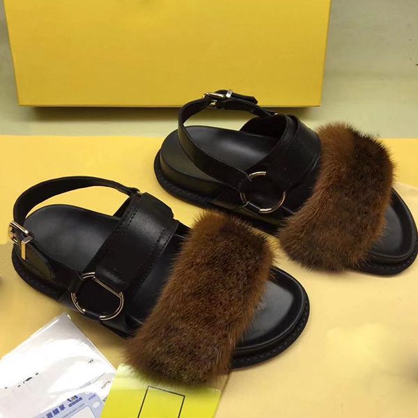 

fashionable and new style letters sandals new models new good quality flat ermine sandals women fine with water mink hair cat, Black