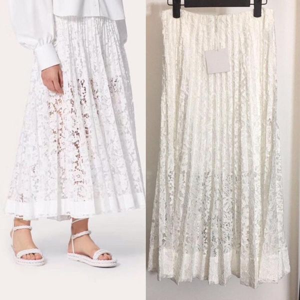 

2020 new summer women clothes fashion lace bohemian white pleated skirt high waist hollow out ankle length skirts, Black