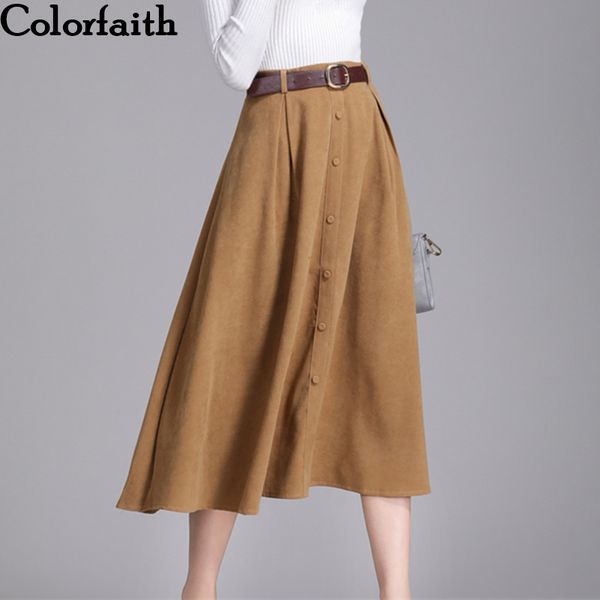 

colorfaith new suede women long midi skirt autumn winter ladies vintage belt buttons skirt high waist femininas sk6679, Black;gray