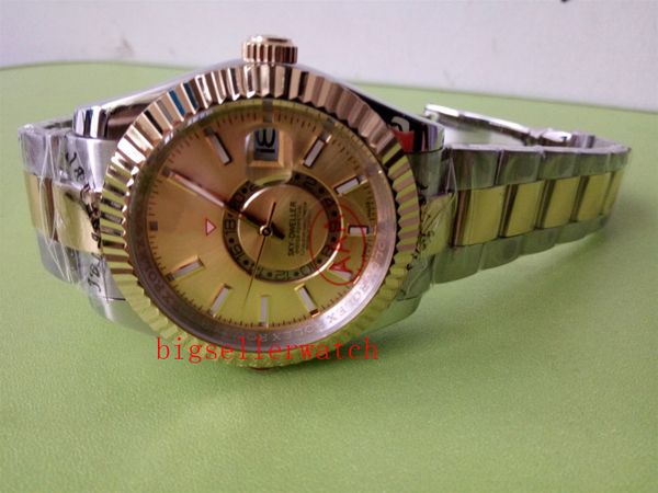 

new style luxury original box certificate mens watches 42mm sky-dweller 326933 gold dial gmt working 18k yellow gold & steel mechanical aut, Slivery;brown