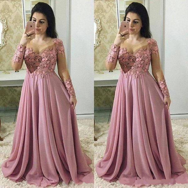 

dusty pink long sleeves mother of the bride dresses jewel neck lace appliques chiffon flowers beaded party evening wedding guest gowns, Black;red