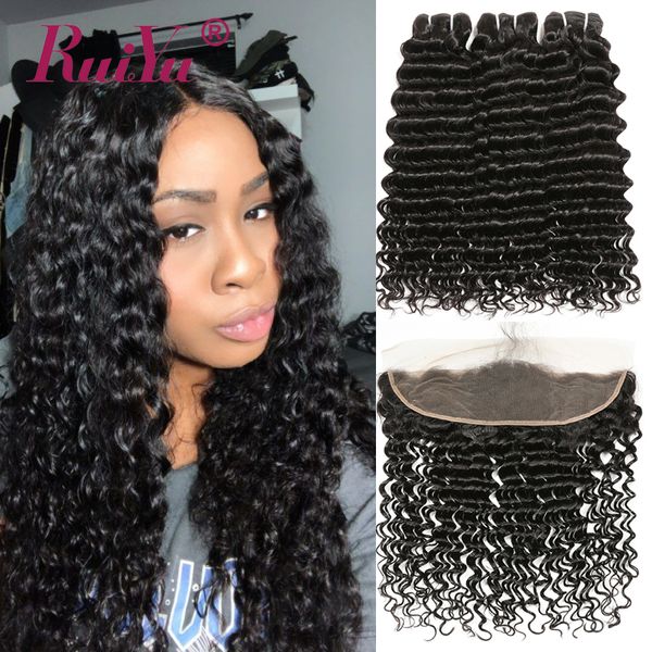 

brazilian virgin hair deep wave bundles with frontal 3 bundles with closure ear to ear kinky curly peruvian human hair wefts with closure, Black