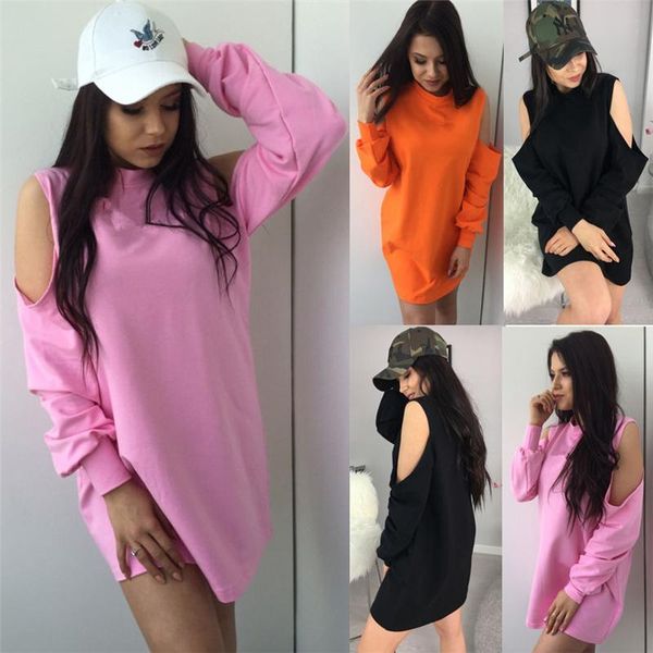

fall 2017 fashion women hooded sweatshirts female solid color casual loose cold shoulder long pullover club wear, Black