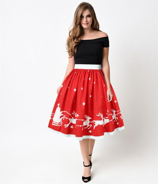 

ladies plus size skirt dress vintage elk print christmas halloween party prom costume swing dress party cosplay costume, Black;red