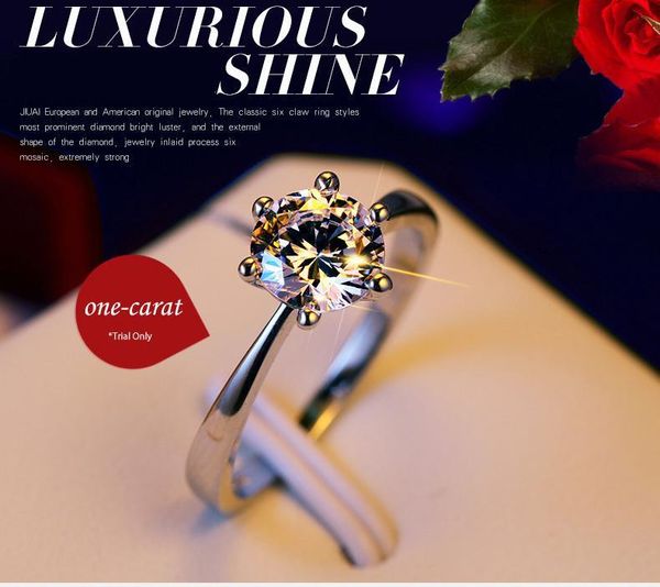 

classic 4 size one karat 6 claws cz diamond rings for women platinum plated white gold couple rings jewelry 925 silver ring wedding, Golden;silver