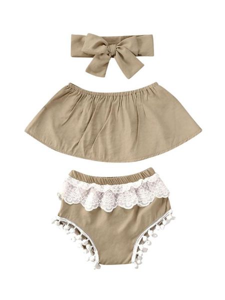 

new 3pcs baby girls clothes summer gilrs lace +shorts+headband set, White