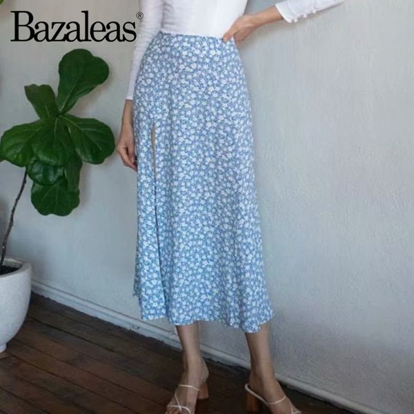 

bazaleas elegant high waist split midi skirt harajuku blue floral print skirts womens slim summer women skirt, Black
