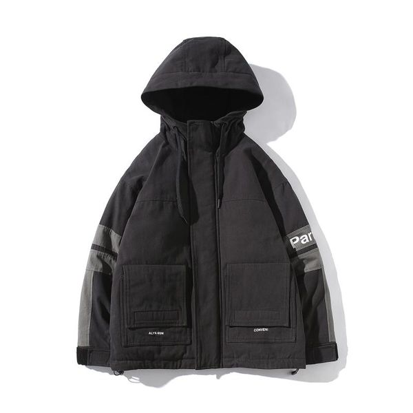 

2019 winter wear new japanese fashion contrast color large pocket letter printing leisure down jacket jacket male, Black