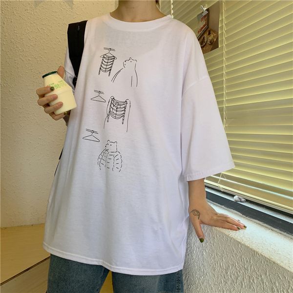 

t-shirt women 2020 summer new cute print korean version college wind cartoon short sleeve bottoming thin shirt black, White