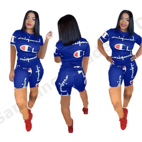 

women champions letter summer short suit short sleeve t-shirt tees + shorts pants two piece set tracksuit jogger gym outfit s-2xl a3162, White
