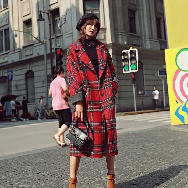 

new arrival women red plaid blend wool coat casual single button thick warm with pocket elegant long fashion feminine outwear, Black