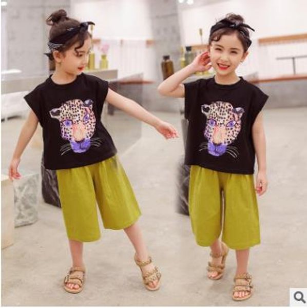 

2019 new summer girls sports suit leopard print shirt fashionable big children korean fashion girls foreign gas two-piece, White