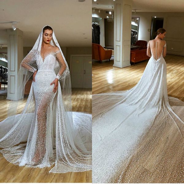 

glitter mermaid wedding dresses with detachable train sweetheart long sleeve bridal gowns tulle bead court train vestidos de novia, White