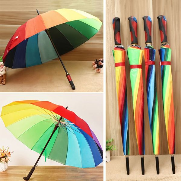

16k rainbow umbrella long handle straight windproof colorful pongee umbrella women men sunny rainy umbrella gifts fa2209