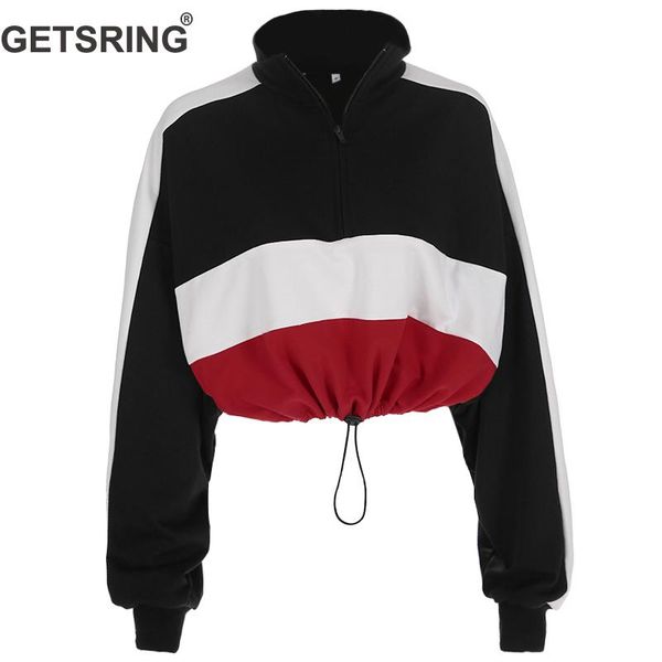 

getsring women sweatshirt turtleneck stripe color matching drawstring short tumblr sweatshirt black casual women 2019 new