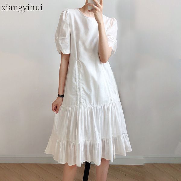 

midi white dresses for women summer round collar short sleeve a line female fashion korean style knee length dress clothing, Black;gray