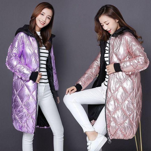 

women down jacket parka femme metal fashion golden silver hooded jacket coat womens winter warm padded long parkas streetwear parka, Black