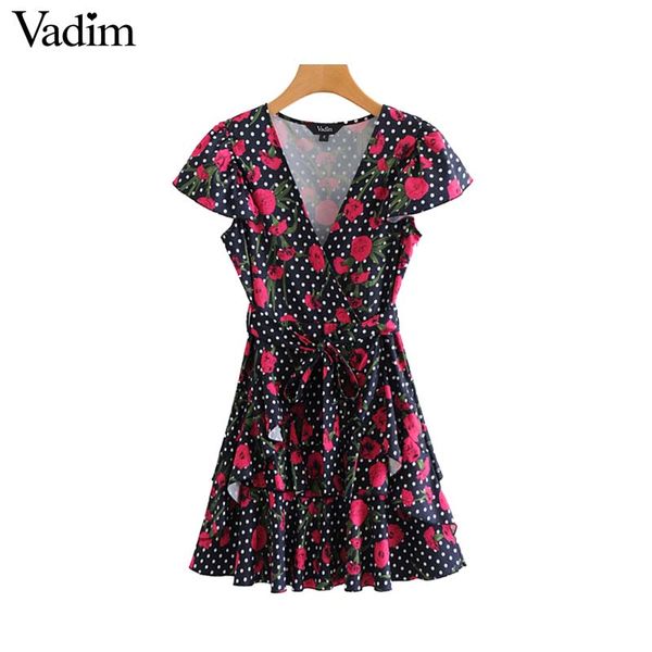 

vadim women v neck floral dots print dress bow tie sashes ruffles side zipper short sleeve mini dresses summer vestidos qb084, Black;gray
