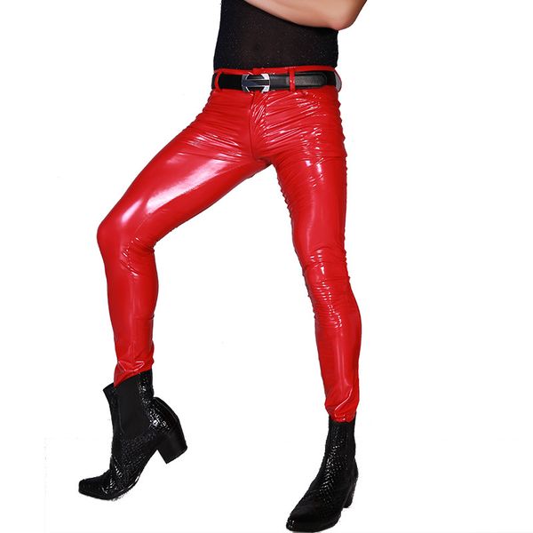

men long tight pants club stage bar performance highlighting pvc playing underpants skinny trousers pencil pants zipper, Black