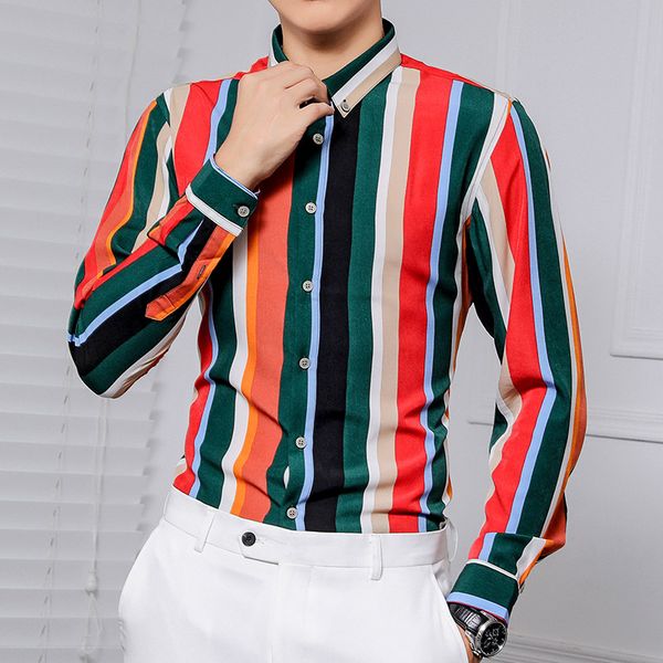 

striped shirt men's korean casual slim fit long sleeve dress shirts streetwear nightclub party male clothing hawaiian shirt, White;black