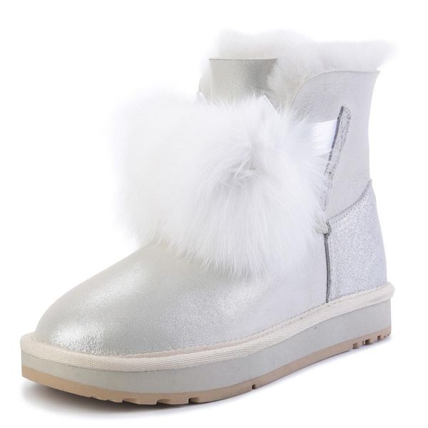 

2019-20 new sheepskin leather real sheep fur lined women winter boots fur pom-pom style snow boots for women warm whit, Black