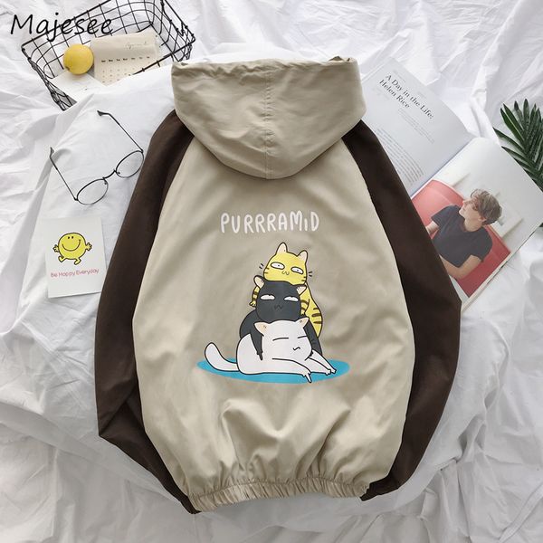 

jackets men 2018 autumn plus size printed hooded loose pockets harajuku coats mens zipper harajuku patchwork students jacket, Black;brown