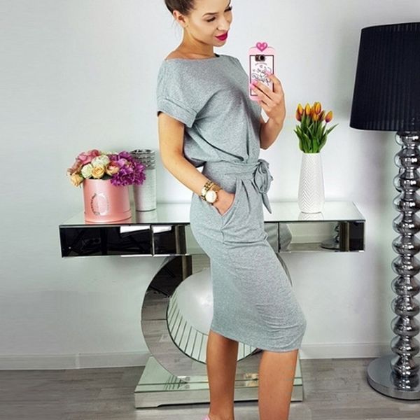 

women summer dress casual pocket bow belt knee-length part dresses, Black;gray