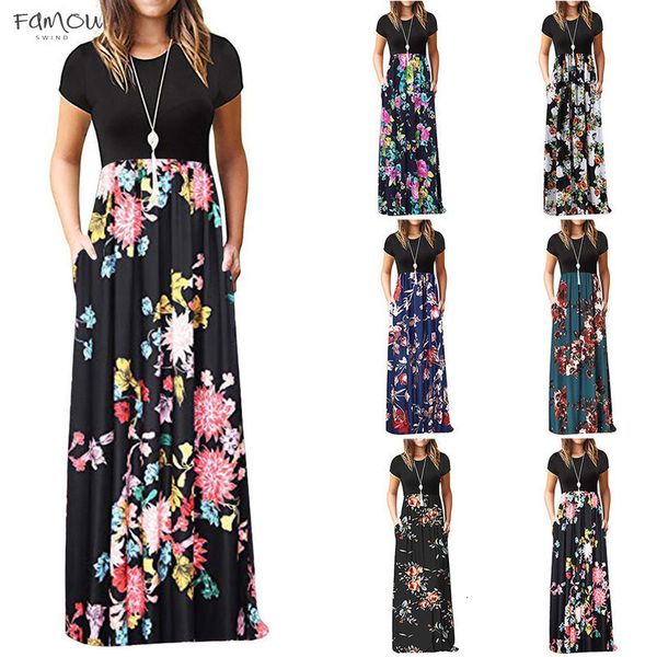 

womens casual sleeve o neck print maxi tank long dress plus size cap sleeve polyester summer dress yl5, Black;gray