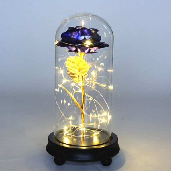 

valentine's day gold foil artificial rose flower led light string wooden base glass dome decorative flower light gift