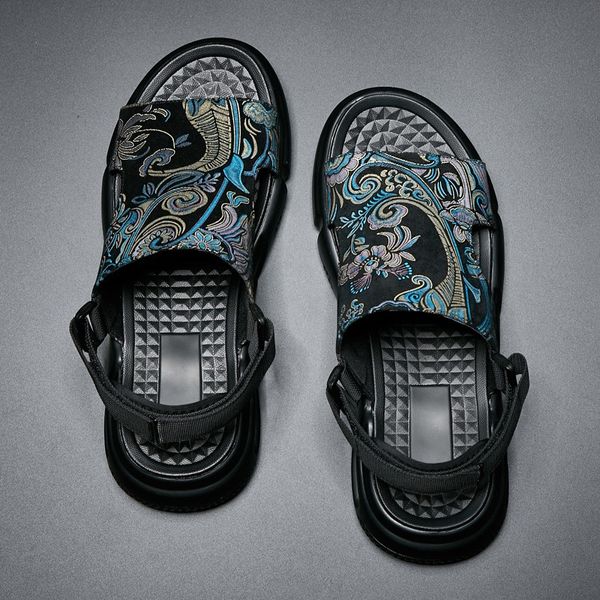 

summer casual hand painted open toe breathable mens beach samdals korean fashion black hook platform footwear chaussure homme
