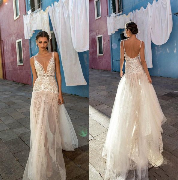 

2019 backless gali karten wedding dresses v neck split lace bridal gowns floor length plus size a line wedding dress, White