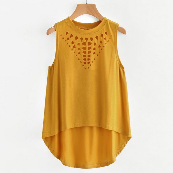 

women sleeveless hollow round neck loose vest solid color t shirt, White