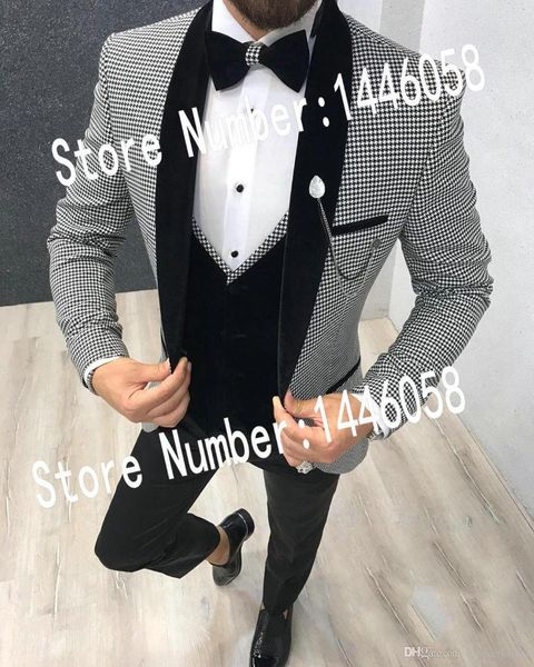 

italian design 3 piece formal men suit 2019 slim fit party prom suit houndstooth men groom wedding best man blazer tuxedo, White;black
