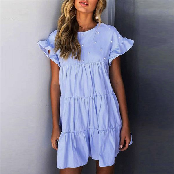 

летнее платье женщины с коротким рукавом оборками o шеи твердые сыпучие свинг платье партии мини-платья сладкий повседневный sundress, Black;gray