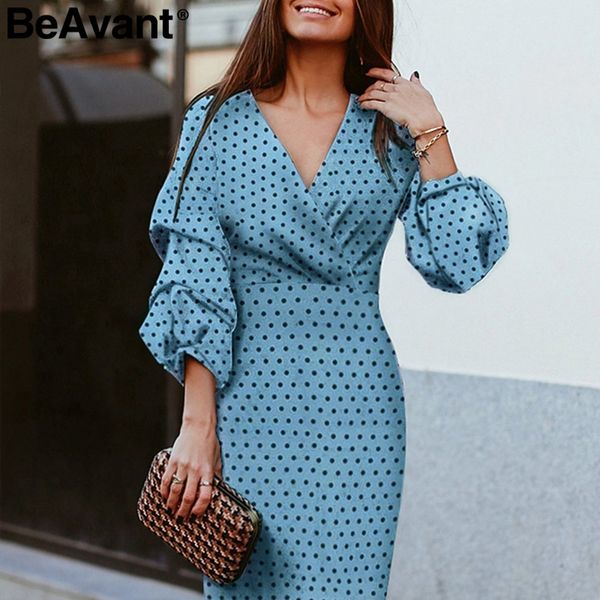 

beavant elegant polka dot dress women v-neck lantern sleeve female party dresses vintage high waist ladies midi dresses vestidos, Black;gray