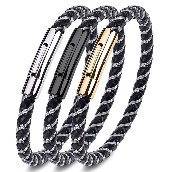 

stainless steel buckle men women bracelet 6mm steel wire leather simple jewelry bracelet new wristband, Black