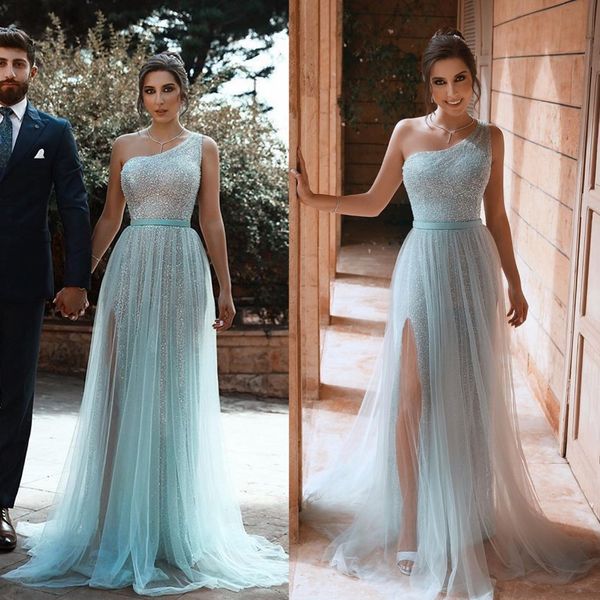 

sage arabic prom dresses a line sweep train one shoulder formal evening dress high side split custom made special occasion gowns, Black;red