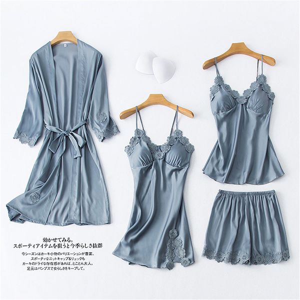 

new 4 pieces lace robe for women pajamas spring long sleeve casual pajamas set caridigan nightwear satin silk home service, Black;red