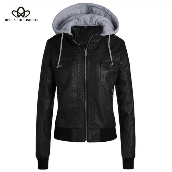 

2019 autumn winter women jacket hooded zipper short jackets faux leather pu female jacket coat pocket ladies fleece, Black;brown