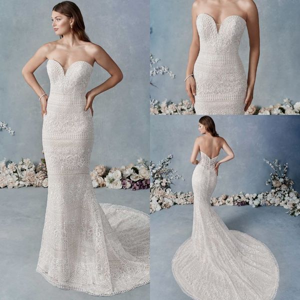 

modern mermaid kenneth winston wedding dresses strapless seeveless tulle lace applique ruched wedding gown sweep train robe de mariÃ©e, White